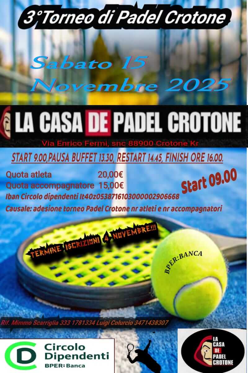 3° Torneo di Padel Domenica 16 NOVEMBRE 2025 – Crotone